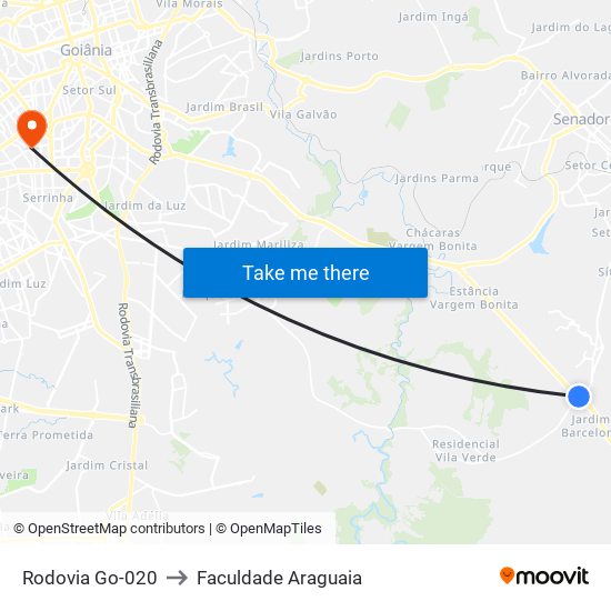 Rodovia Go-020 to Faculdade Araguaia map