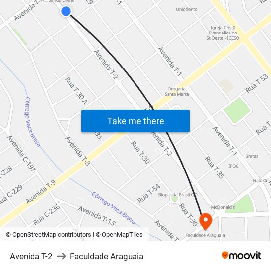 Avenida T-2 to Faculdade Araguaia map