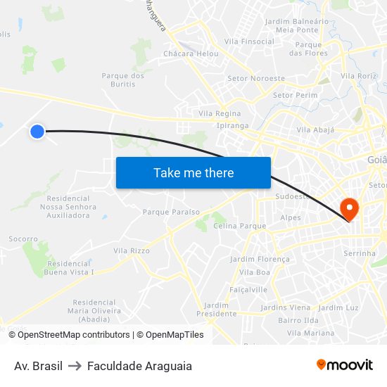 Av. Brasil to Faculdade Araguaia map