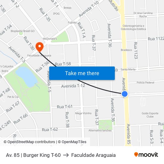 Av. 85 | Burger King T-60 to Faculdade Araguaia map