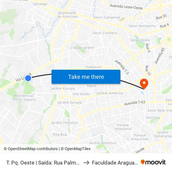 T. Pq. Oeste | Saída: Rua Palmas to Faculdade Araguaia map