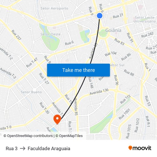 Rua 3 to Faculdade Araguaia map