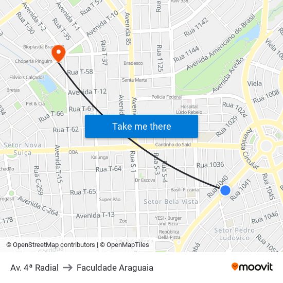 Av. 4ª Radial to Faculdade Araguaia map