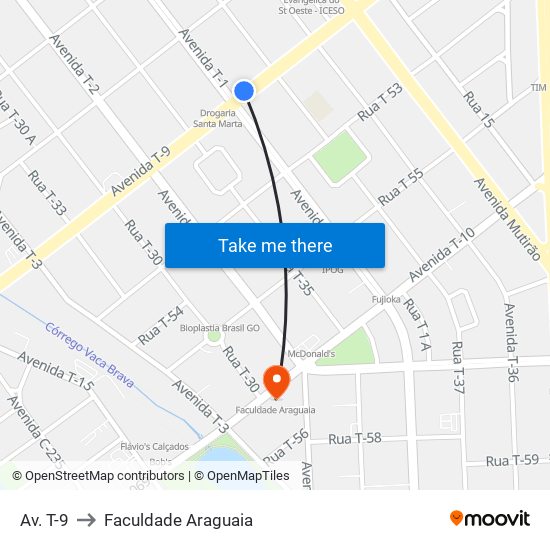 Av. T-9 to Faculdade Araguaia map