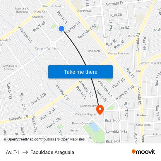 Av. T-1 to Faculdade Araguaia map
