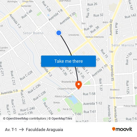 Av. T-1 to Faculdade Araguaia map