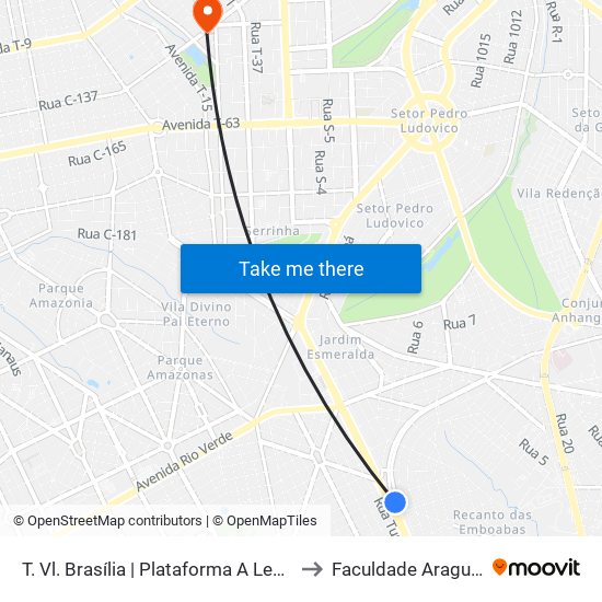 T. Vl. Brasília | Plataforma A Leste 3 to Faculdade Araguaia map