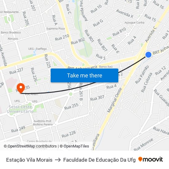 Estação Vila Morais to Faculdade De Educação Da Ufg map