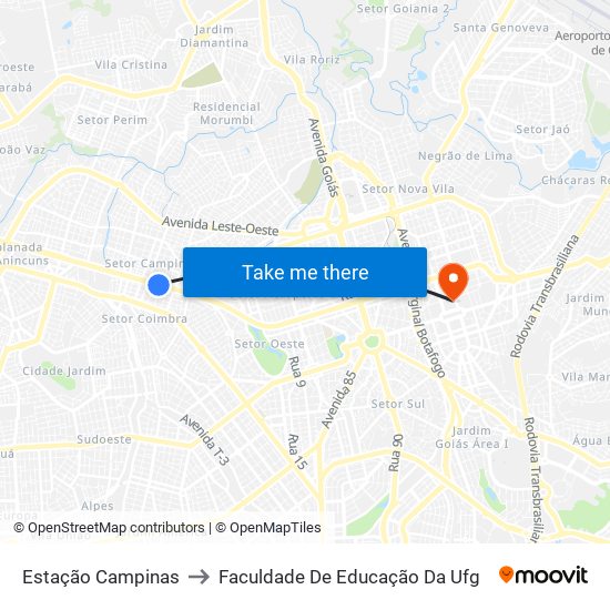 Estação Campinas to Faculdade De Educação Da Ufg map