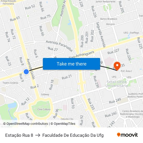 Estação Rua 8 to Faculdade De Educação Da Ufg map