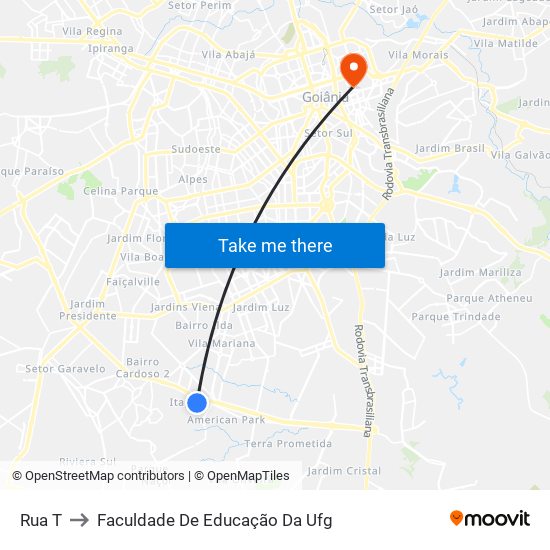 Rua T to Faculdade De Educação Da Ufg map