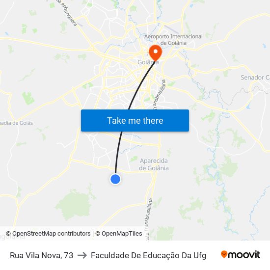 Rua Vila Nova, 73 to Faculdade De Educação Da Ufg map