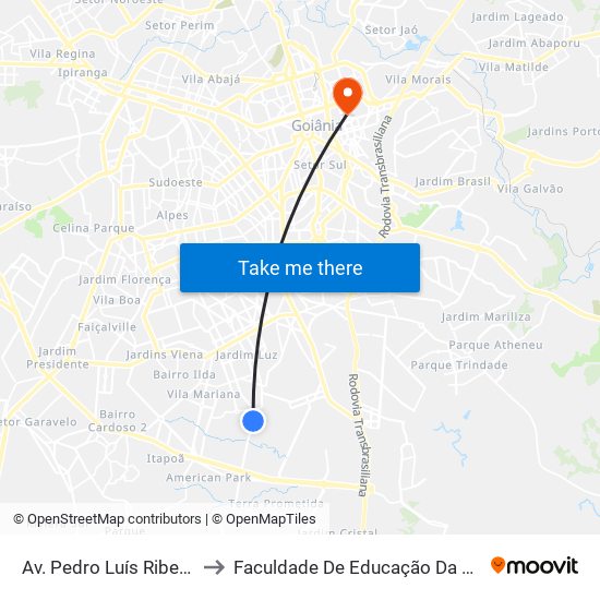 Av. Pedro Luís Ribeiro to Faculdade De Educação Da Ufg map