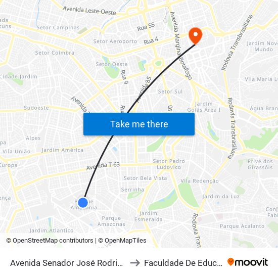 Avenida Senador José Rodrigues Morais Neto to Faculdade De Educação Da Ufg map