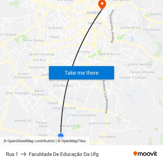 Rua 1 to Faculdade De Educação Da Ufg map