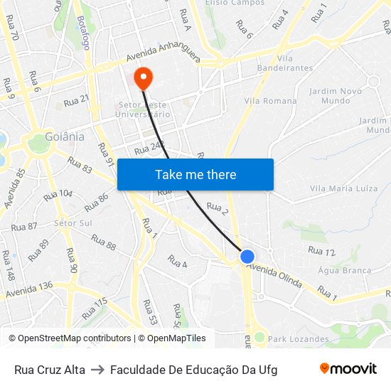 Rua Cruz Alta to Faculdade De Educação Da Ufg map