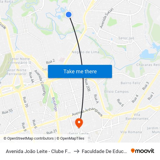 Avenida João Leite - Clube Ferreira Pacheco to Faculdade De Educação Da Ufg map