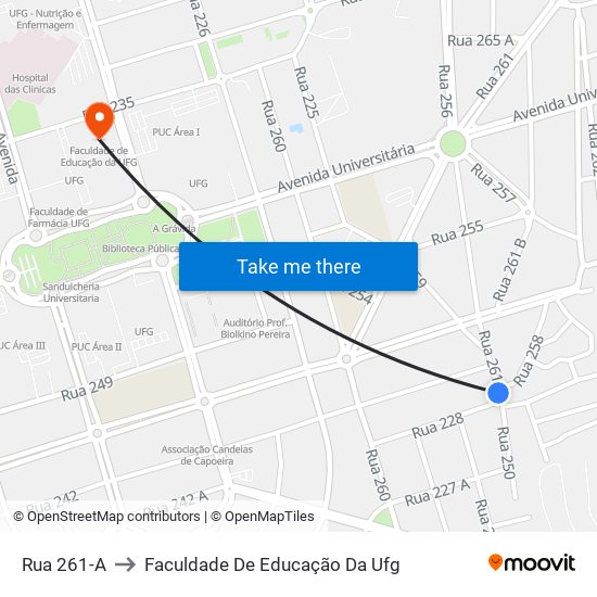 Rua 261-A to Faculdade De Educação Da Ufg map
