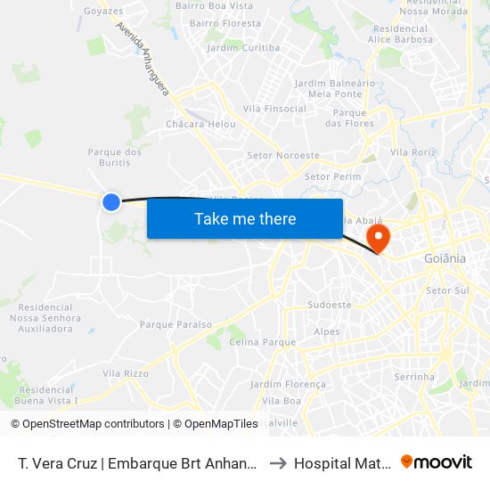 T. Vera Cruz | Embarque Brt Anhanguera | Sentido: Pe. Pelágio to Hospital Materno Infantil map
