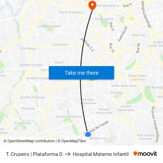 T. Cruzeiro | Plataforma D to Hospital Materno Infantil map