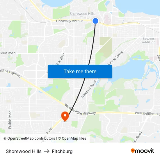 Shorewood Hills to Fitchburg map