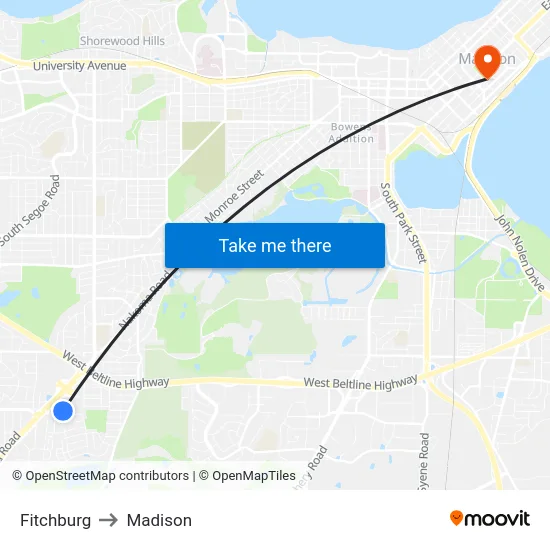 Fitchburg to Madison map