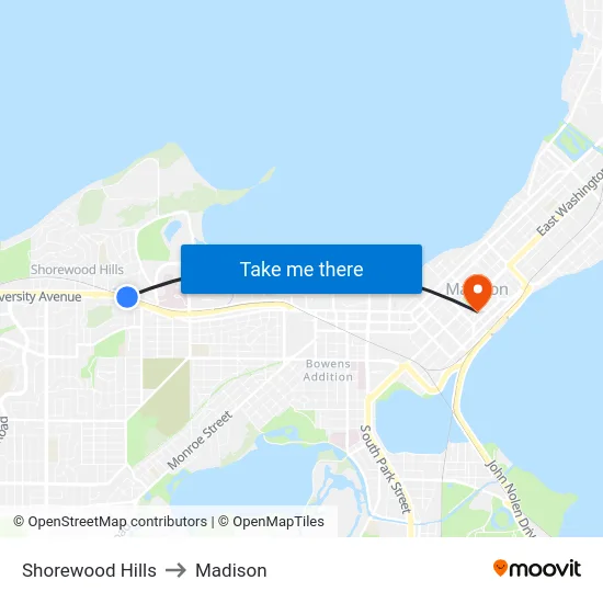 Shorewood Hills to Madison map