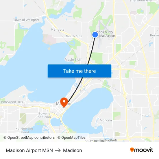 Madison Airport MSN to Madison map