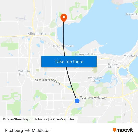 Fitchburg to Middleton map