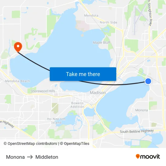 Monona to Middleton map