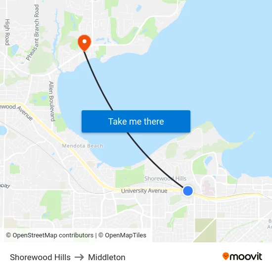 Shorewood Hills to Middleton map