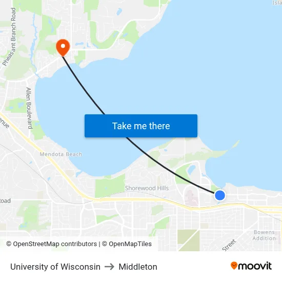 University of Wisconsin to Middleton map