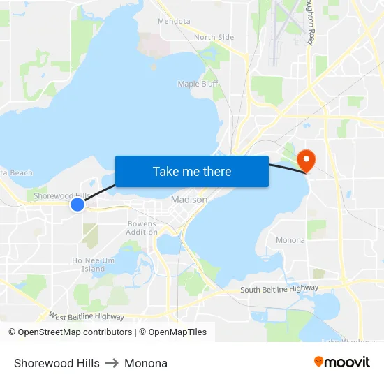 Shorewood Hills to Monona map
