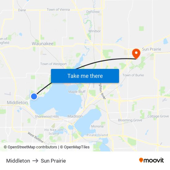 Middleton to Sun Prairie map