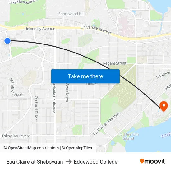 Eau Claire at Sheboygan to Edgewood College map