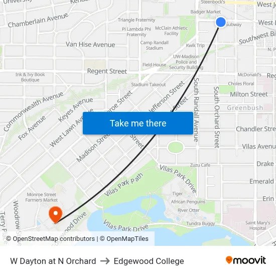 W Dayton at N Orchard to Edgewood College map
