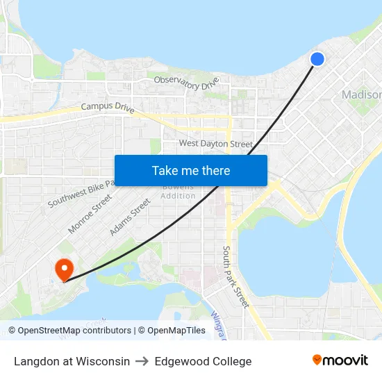 Langdon at Wisconsin to Edgewood College map