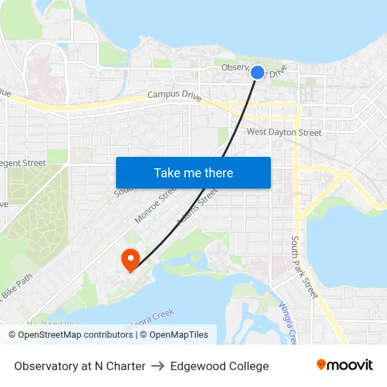 Observatory at N Charter to Edgewood College map