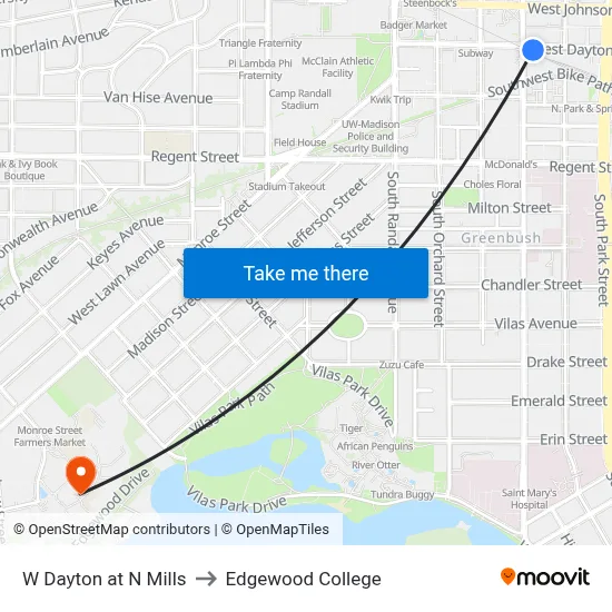 W Dayton at N Mills to Edgewood College map