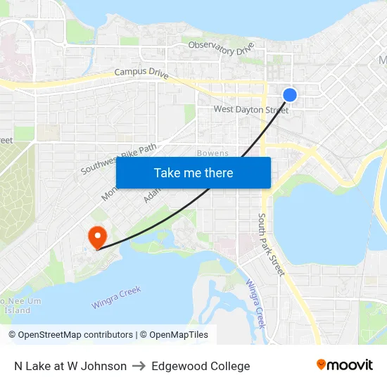N Lake at W Johnson to Edgewood College map
