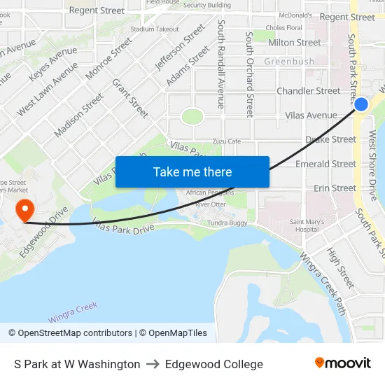 S Park at W Washington to Edgewood College map