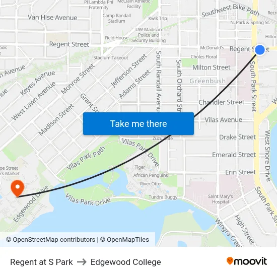 Regent at S Park to Edgewood College map