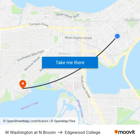 W Washington at N Broom to Edgewood College map