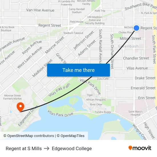 Regent at S Mills to Edgewood College map