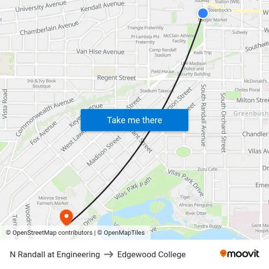 N Randall at Engineering to Edgewood College map