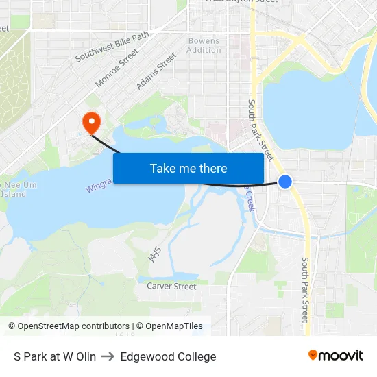 S Park at W Olin to Edgewood College map