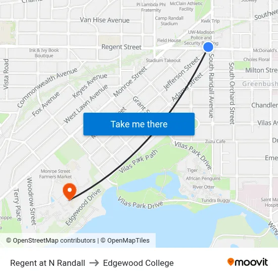 Regent at N Randall to Edgewood College map