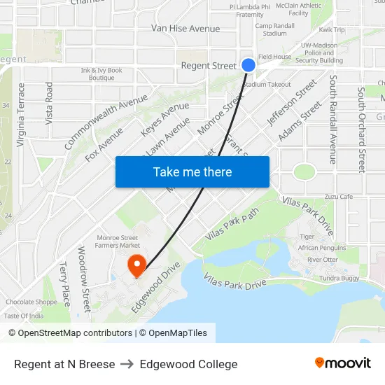 Regent at N Breese to Edgewood College map