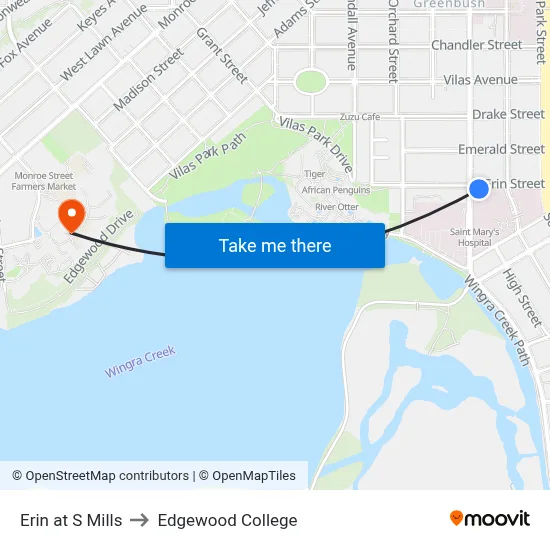 Erin at S Mills to Edgewood College map