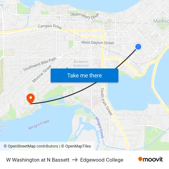 W Washington at N Bassett to Edgewood College map